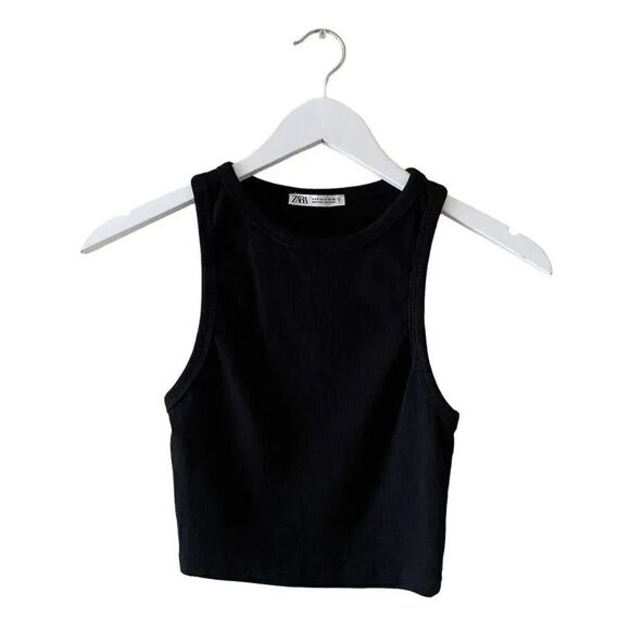 Zara Ribbed Mock Neck Black Racer Back Soft Cotton  Cropped Tank Top SZ S #1712 - Picture 1 of 11